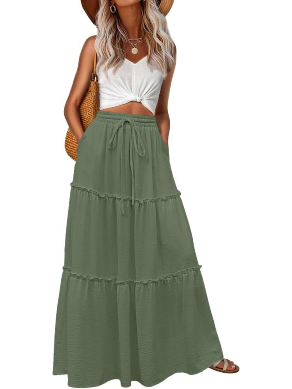 Women's Boho High Waisted Green Maxi Skirts Tiered Floral Long Skirts Pockets